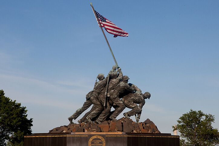 The Marine Corps War Memorial in Arlington, Virginia with soldiers raising an American flag