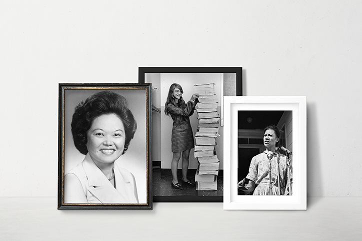 Framed pictures of Patsy Mink, Margaret Hamilton, and Gloria Richardson