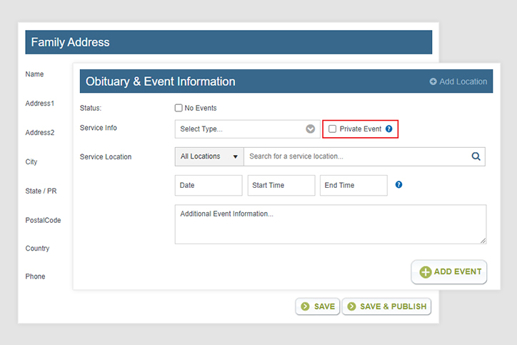 Family Address and Obituary and Event Info admin panel screenshots