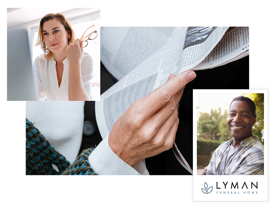 A collage of a woman looking at a computer, someone holding a newspaper, and Lyman Funeral Home image