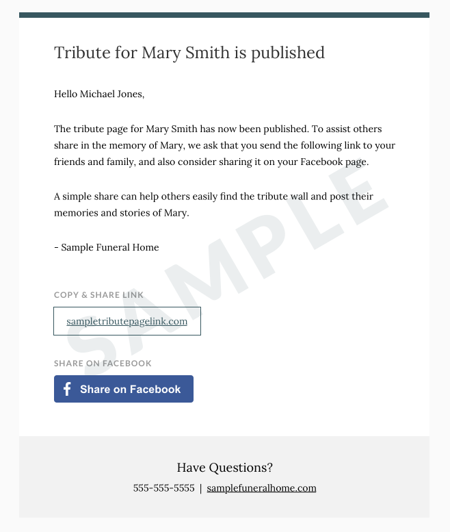 Obituary sharing screen for a Frazer-powered funeral home website
